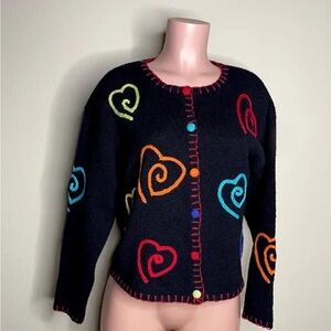 Coldwater Creek Women's L  Abstract Heart Embroidered Cardigan Black Sweater